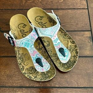 CALCEO White & Pink Medallion T-Strap Cork Footbed Sandal - Size 39 EU - 8.5 US
